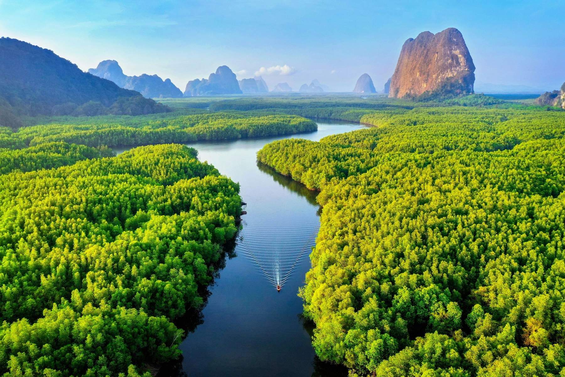 A river winding through dense green forest toward distant mountains.